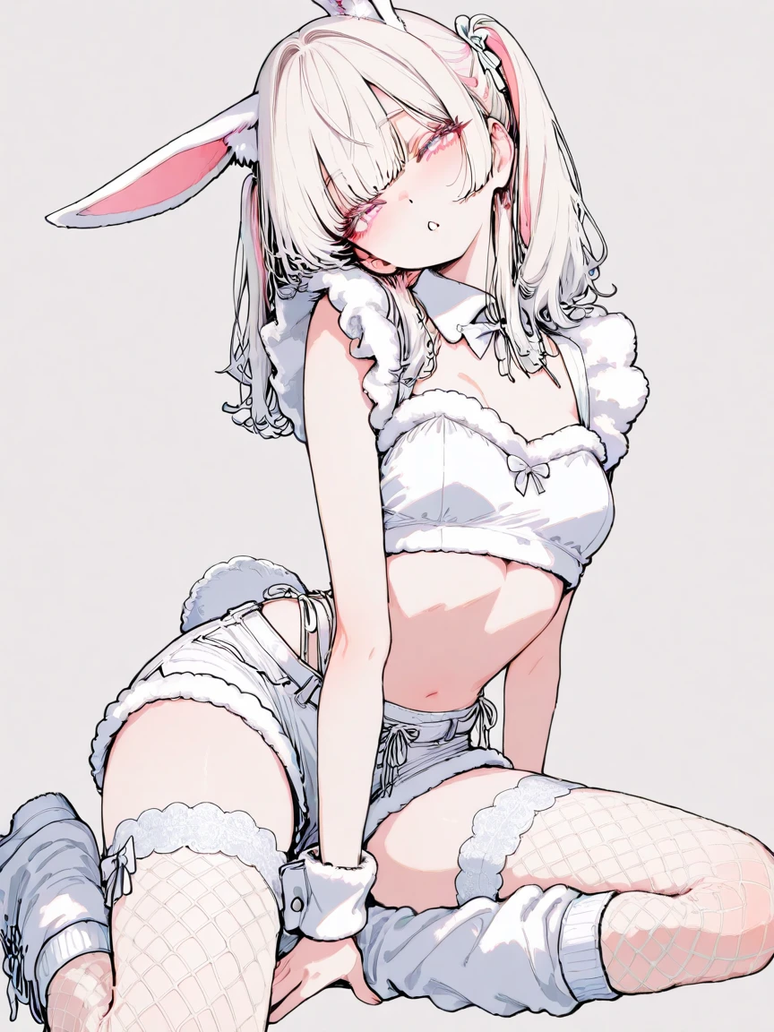 1 girl in、Shocking pink dress、Simple dress、White rabbit ears、White tights、Rabbit tail、White hair、short-cut、Simple eyes、white glove、Evil smile、conspiracy、small tits、Sleeveless、piece sign、simple background、Gani crotch