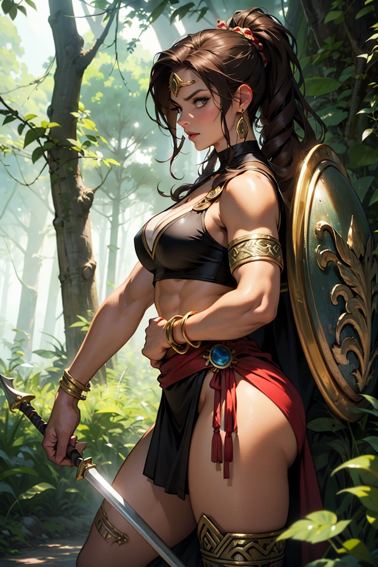 (1 mature muscular female paladin,white paladin armor,arm guard,leg guard,blue and red odd eyes,25yo),perfect hands, perfect finger,perfect anatomy, masterpiece, best quality,realistic, hyperrealistic, 16k hdr,,(dark brown long hair:1.2),braid,(red blush,embarrassed),navel,fighting pose,branwen, heterochromia, sandals, side plait, drill_hair, arm shield, armor,(leg tattoo),(colosseum background:1.2),standing