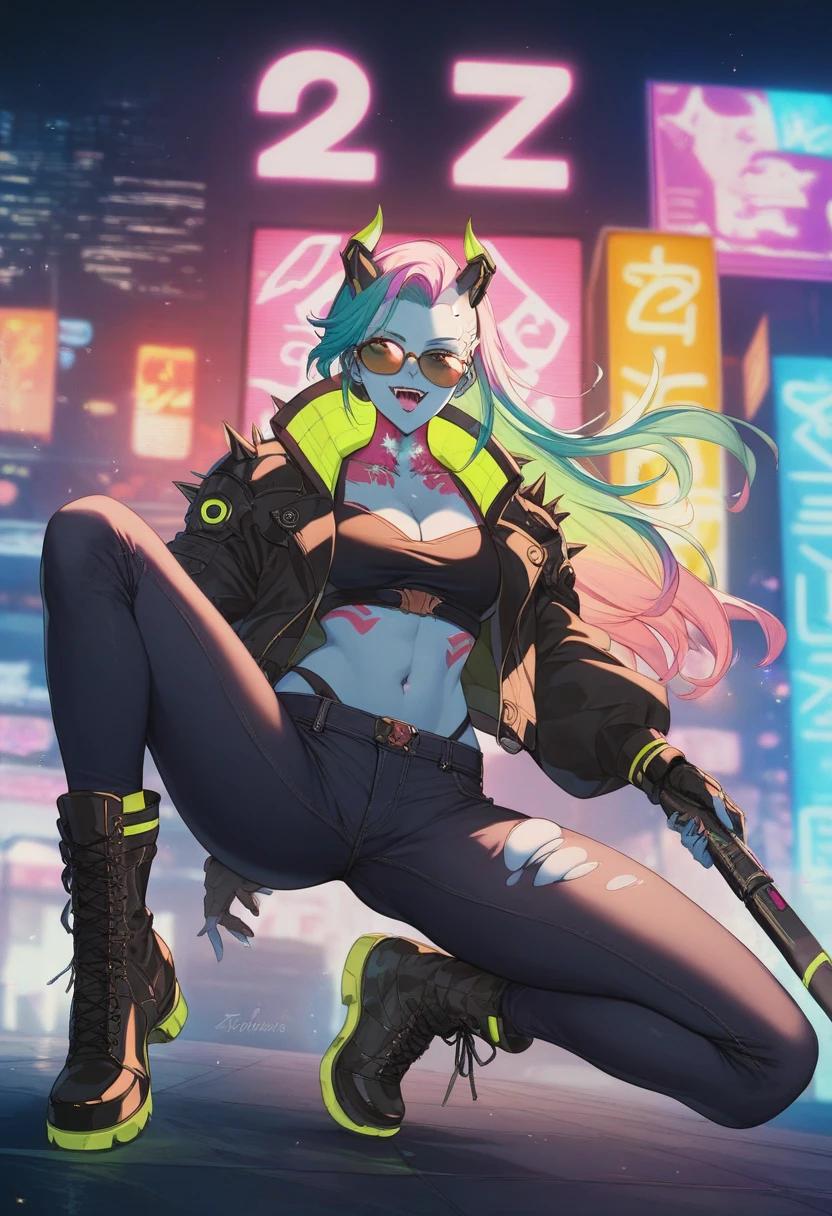 work of art, best qualityer, ultra detali, illustration, epic lighting, film composition, 1 girl, cute, red sclera,red pupils, cyborg, tatoo, hair green, colored fur, breasts small, Black jacke, standing, legs apart hands with black gloves with yellow details, lovely gaze, captivating pose, trunk:1.1, gazing at viewer, pretentious smile, cloused mouth, plein-air, citys, cyber punk, neon lights, Street, (natta, tenebrosa, tenebrosaness, tenebrosa como breu, eyeshadows:1.4), (8K:1.1),