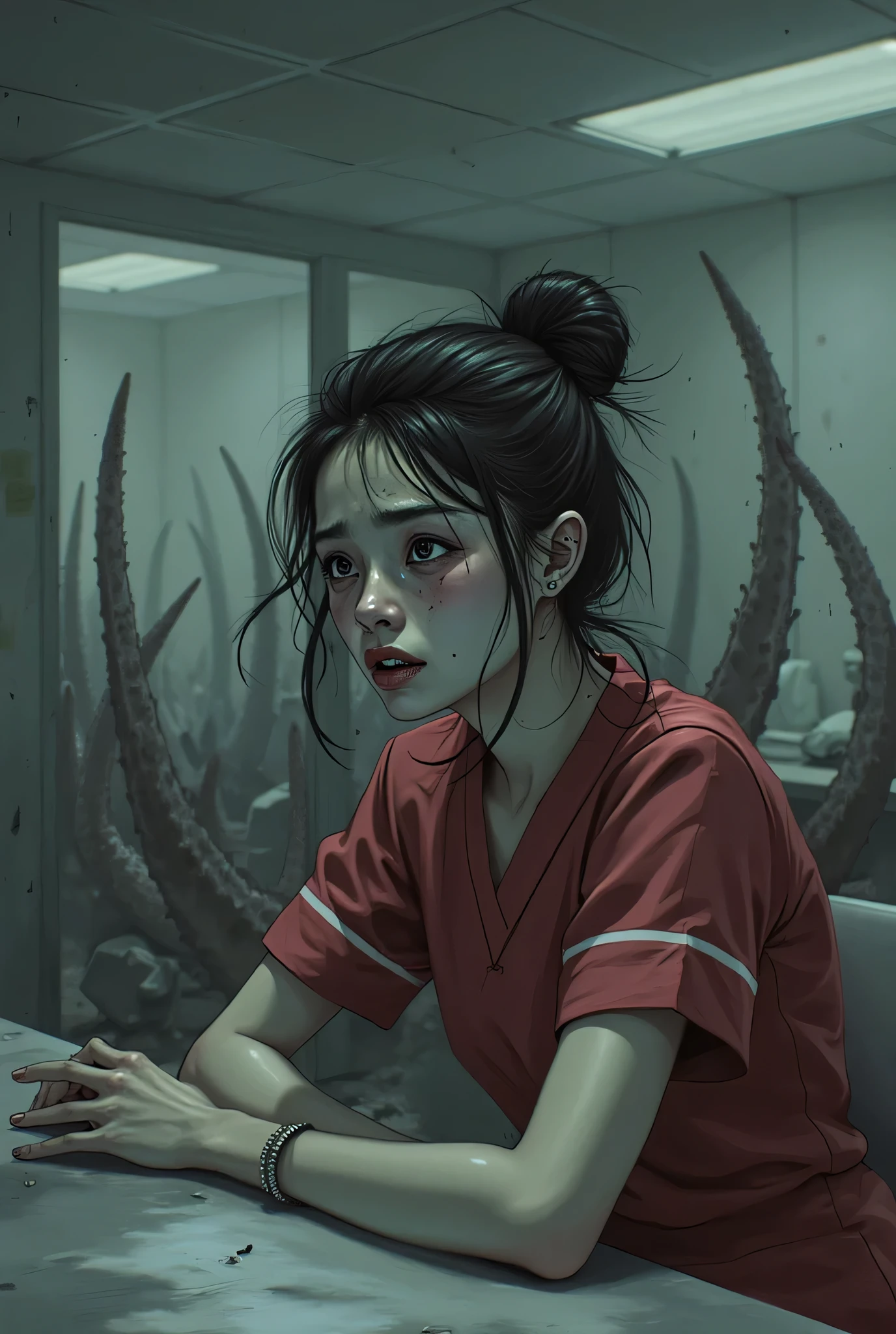 A frightened 20 year old Asian girl, beautiful face, black hair tied in a bun, dark red nursing scrubs, sitting at a nursing station in a dark abandoned hospital, tentacles are coming up behind her in the background as she sits unaware, Eldritch Horror, surreal, high detail, masterpiece.