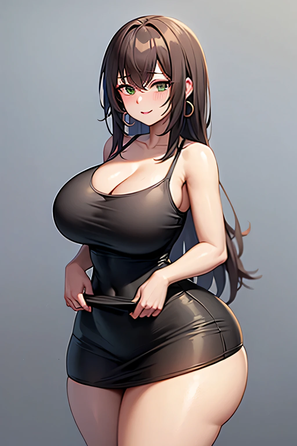 ,thick ass, bubble butt, ((Masterpiece)) , perfect anatomy , perfect shading , field of depth , (best quality) , extremely delicate and beautiful , perfect lighting , detailed face , ultra cute face , cute , (cowboy shot 1.2) , full body (((1girl))), (((solo))), Agent Girl
Long Hair Brown, Brown hair, Green eyes, ((blush))), Smiles, (Black Tank Top) (Black Low-Waist Mini Skirt) (Hoop Earrings) , thigh highs, extremely tight clothes, H Cup Breasts (((Normal hips))), ((Large thighs)), (( 125 CM Butt)) (Hands on Sponge)
Golden Yellow background