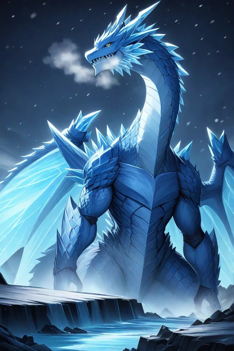 Frost Dragon,Blue Dragon Scales,Cold Breath,crystal wings,Aurorabackground,Glacier canyon,Dreamy lighting effects