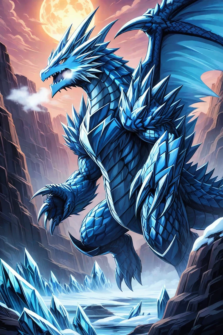 Frost Dragon,Blue Dragon Scales,Cold Breath,crystal wings,Aurorabackground,Glacier canyon,Dreamy lighting effects