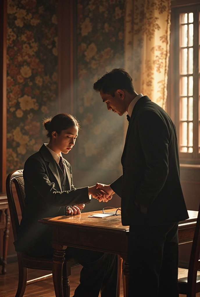Exquisite photography,Old Shanghai style,Republican figures,Study room scene,Solid wood furniture,Warm light,Sense of history