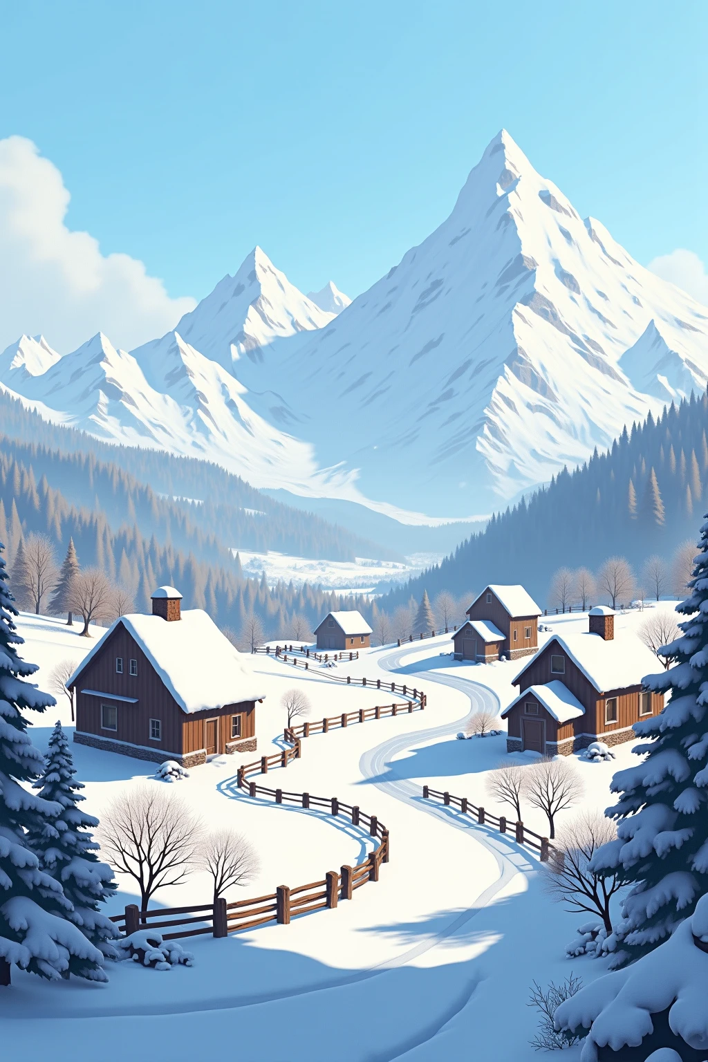 Generate a few pictures of a snowy southern country