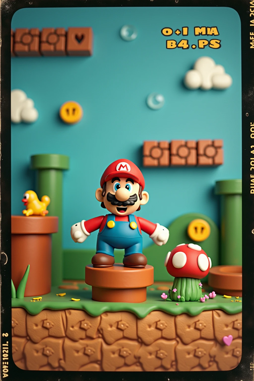 analog rainy film still, polaroid film, vhs footage low quality, analog distortion effect, retro video quality, side-scrolling Mario game level, handcrafted clay, lumpy textures, pixelated 8-bit world, squishy uneven textures, multicolored clay, clay Mario, rounded limbs, uneven mustache, playful clumsy look, clay pipes, clay coins, clay Goombas, rough imperfect elements, game interface, classic score counter, MARIO text, coin count, timer, blocky letters, nostalgic pixel art, tactile squishy texture, clay animation, vintage photography, film grain, retro aesthetic, low-fi quality, analog effects