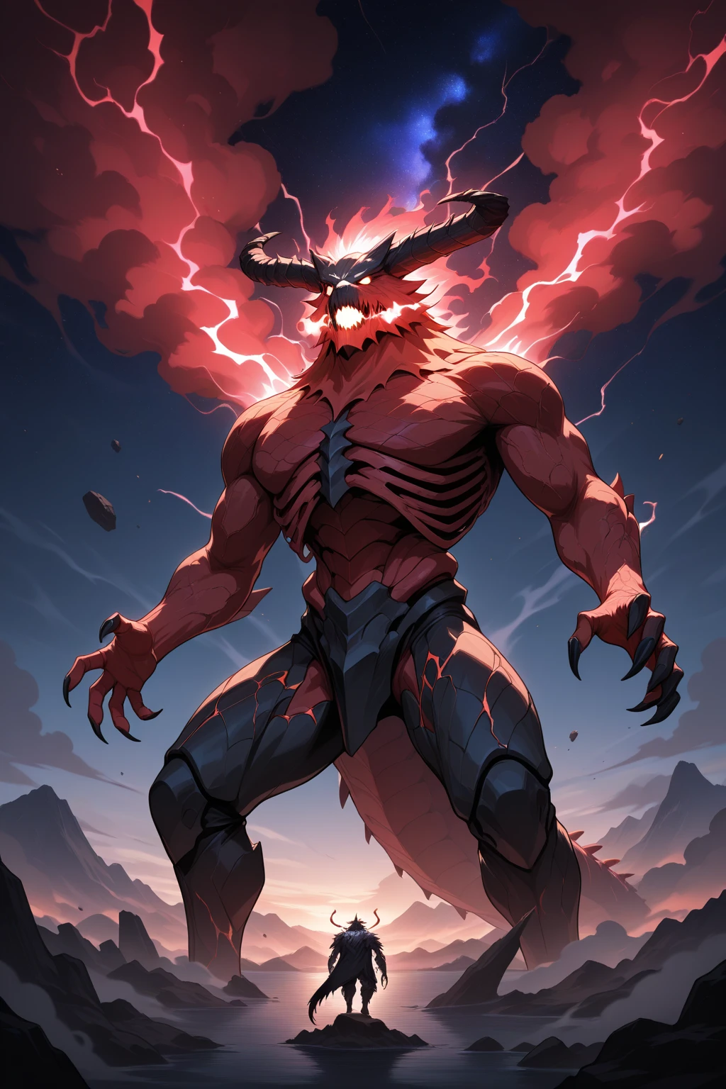 masterpiece, ultra-detailed, 8k wallpaper, mountain-sized behemoth, skeletal features, magma veins, emerging from ocean, volcanic environment, ash clouds, red lightning, cataclysmic scene, high quality, photography, finely detail, lovecraftian beast, multiple mouths, crystalline growths, floating in space, cosmic background, nebula clouds, ethereal lighting, cosmic horror,best quality, ultra highres, RAW photo, gigantic kaiju, armored scales, bioluminescent markings, toxic breath, destroyed cityscape, smoke and debris, dramatic lighting, apocalyptic scene