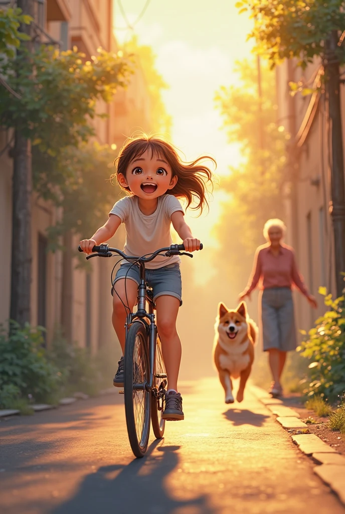 A girl is cycling past the alley，Her face is full of smiles，The sun shines on the alley，An Akita dog is chasing the owner behind the car。The girl greets her grandmother on the side of the road