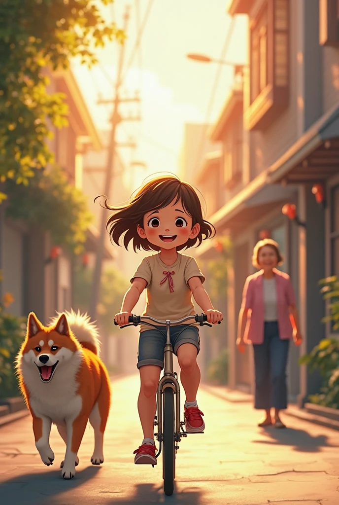 A girl is cycling past the alley，Her face is full of smiles，The sun shines on the alley，An Akita dog is chasing the owner behind the car。The girl greets her grandmother on the side of the road