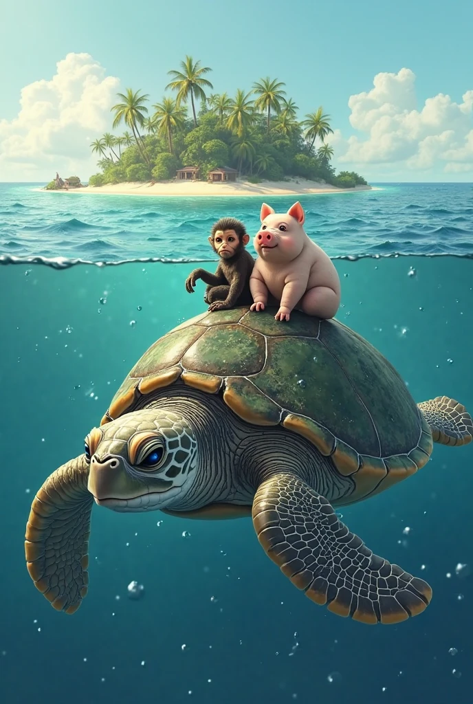 A big turtle in the ocean swims past a small island on the surface of the sea。A little monkey and a little pig sit on the turtle's back