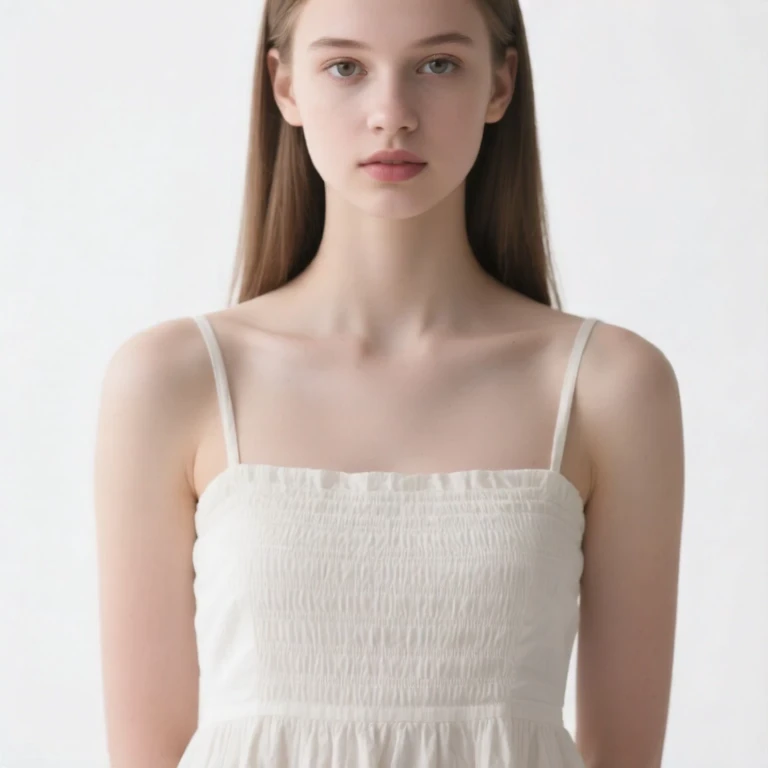 A woman in a white dress stands in front of a white background. A fist is stretched out from outside the video and hits the woman in the face, causing her face to distort. The woman's eyes are closed and her mouth is slightly open. Red hearts emerge from her face, creating an "xxin" effect.