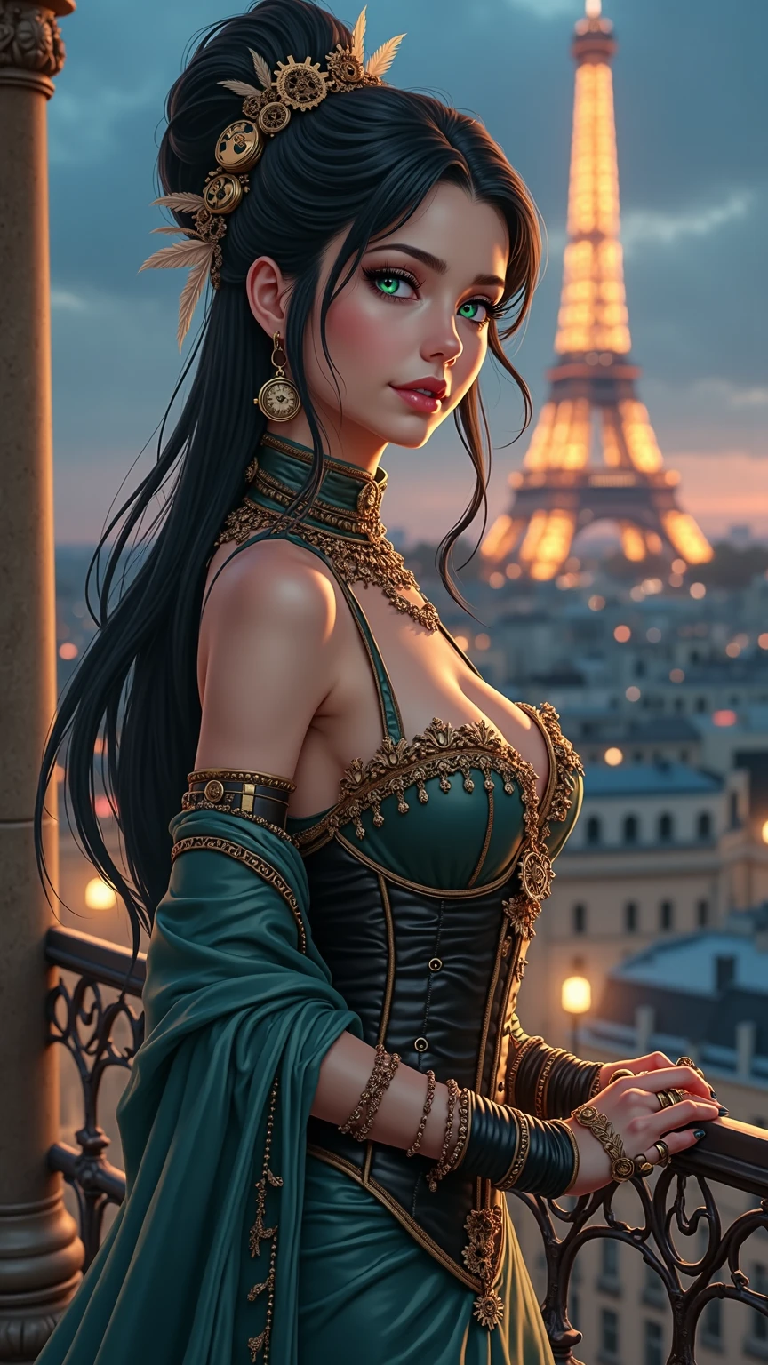 mulher vitoriana de costas com longo e bem arrumado,glitter,pele clara,paris,noite,vestido vitoriano vermelho,olhos fechados,lustre de luxo,espelho quebrado,detalhado