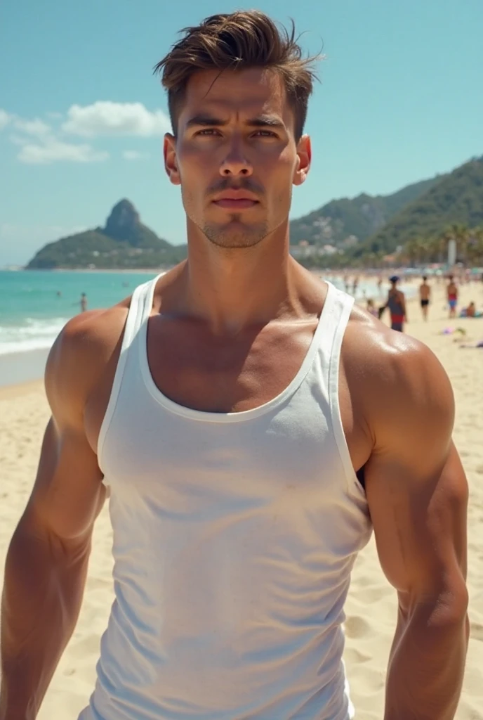 Strong man in white underwear with volume on a Pedra Furada beach in Jericoacoara. With a smile on his face, light brown eyes. With a thin gold chain with a cross pendant.  With a wet appearance on the body. A pair of white swim briefs with volume and a watch. Consider the entire scenario provided. 