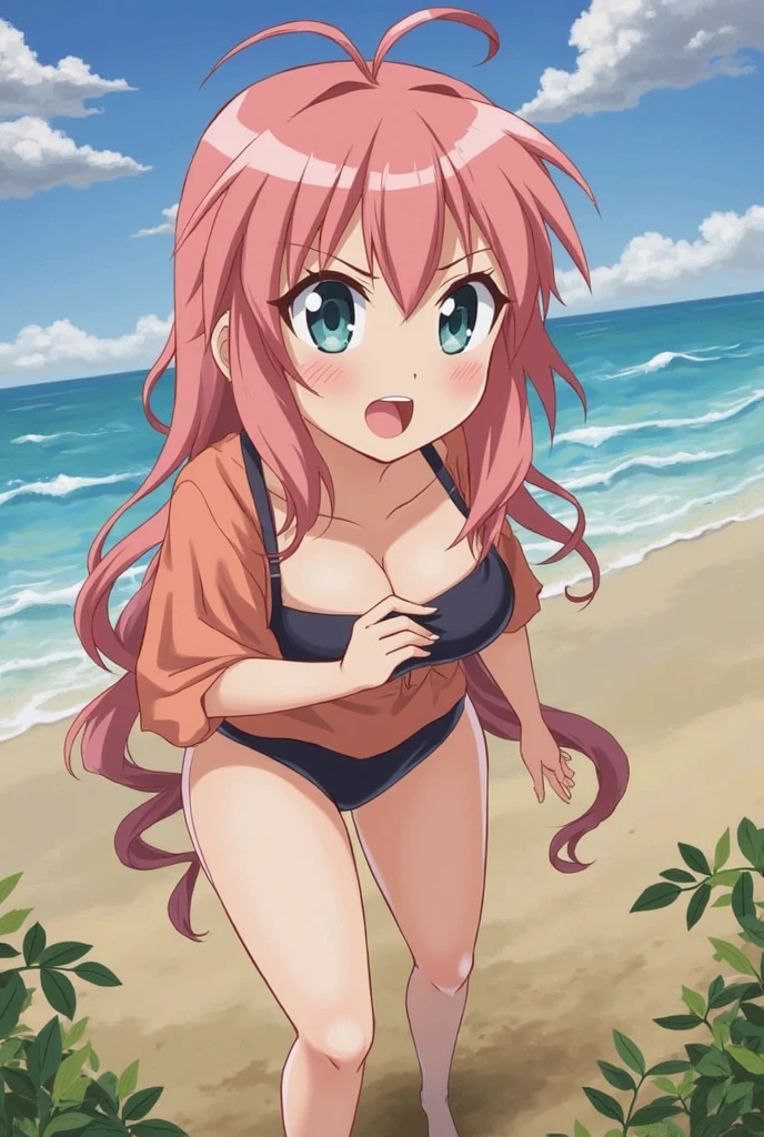 (anime artwork, anime style, studio anime, very detailed, up to date, vibrant, Anime Coloring, high contrast, masterpiece:1.2, best quality, best aesthetics),2 girl,hug from behind,bikini, Medium chest, A glimpse of thighs,random hair, One eye is hidden by the bangs, perfect proportions, high detail skin, Cute, detailed faces,beach, precise fingers,curvy,swim suits  crowd, dark skin,cocoa skin, swim suit tanned,full body 