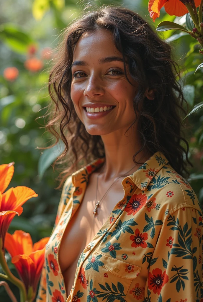A Brazilian woman in a lush tropical garden, wearing an open shirt with a floral print, with a close-up capturing the harmonious beauty between her breasts and the natural flowers, showing off your natural charm and outgoing personality.