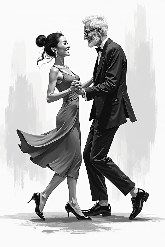 Impressionist painting from above profile angle, silhouette behind a white screen, action painting, a couple dancing pulp fiction, only 2 colors, reflective floor, . Loose brushwork, vibrant color, light and shadow play, captures feeling over form