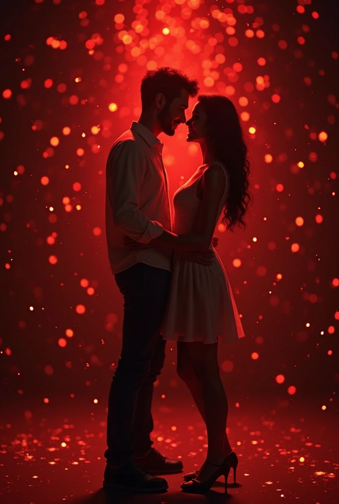 <lora:Valentine_v1:.0.7> romantic background for valentine, hearts, heart, red, pink, light particles, lens flare, silhouette of a couple kissing