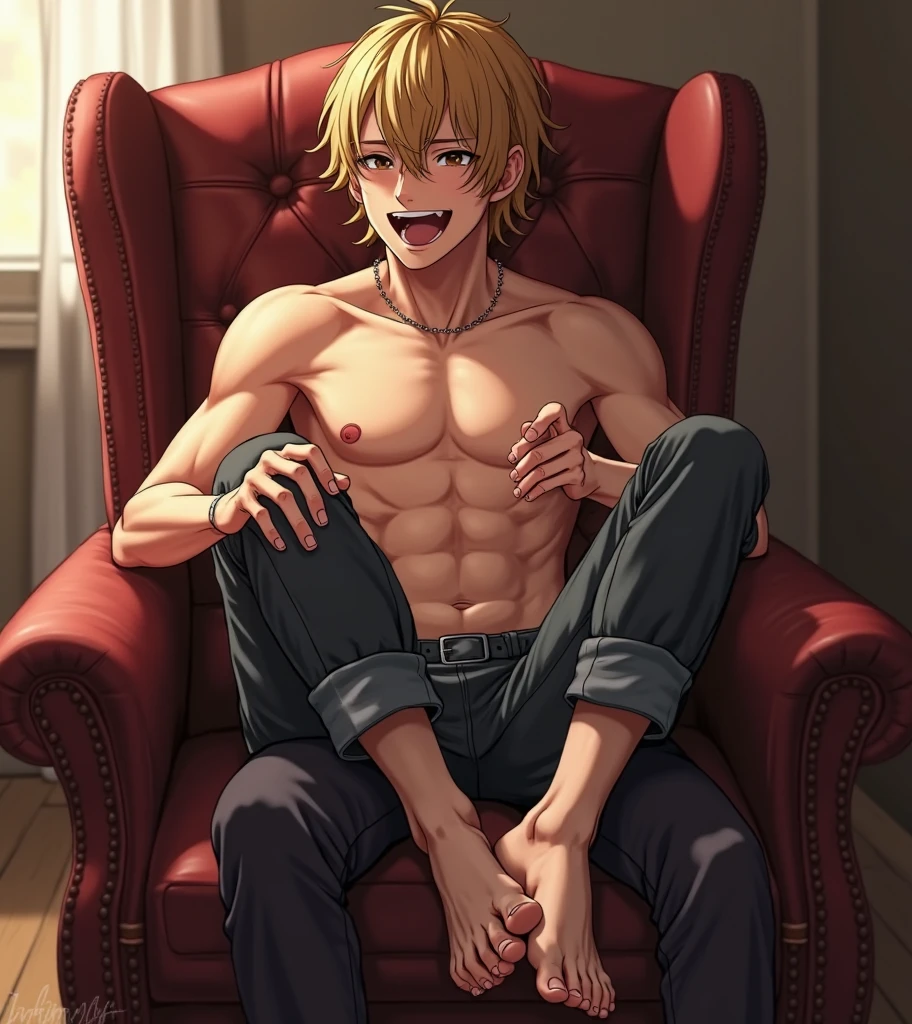 ((1 man: Sanji, Sanji from one piece, sanji2, new, lean muscular man, short straight blonde hair, curly eyebrow, pleasure, hair covering half his face, cumming, dominant, smirking, smiling, smug, arrogant, happy, ?????, forceful, completely nude, ?????, man with big dick, large erection,)) NSFW, ????, ?????, echi, ??????, illustration, manga, anime, ???? worship, dominant man, concept, ???????, view from below, ????? man, dominant Sanji, Sanji reclining, romantic, sexual tension, desire, passion, chair, large erection, 1 penis, 1 dick, ?????, nude, anime Sanji, smoking a cigarette, smoke plume, moody, bedroom, full body picture, full body, centered, frontal view, looking at viewer, piercing gaze,