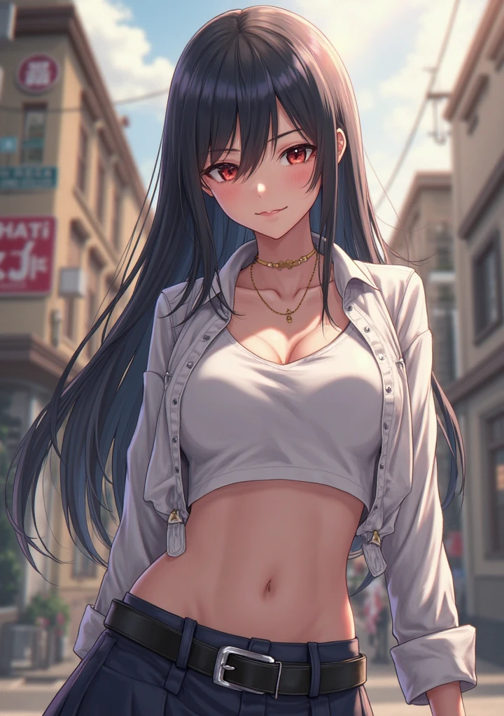 (masterpiece, best quality: 1.2), cowboy shot, solo, 1girl, yaoyorozu momo, anime screencap, city, long hair, black hair, gray eyes, looking at the viewer, lustful, closed mouth, ass, wide hips, short shirt, short shorts, unbuttoned shorts, erotica, back