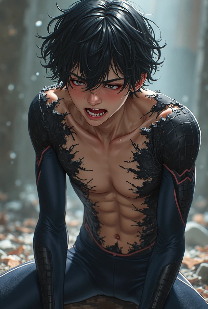 A cute young man 15 year oid with bare skinny ripped wet body, volumeious armpit hair, black shiny hair bottom cut, wearing white sweatpants red stripe line on his feet facing the screen sitting on bed