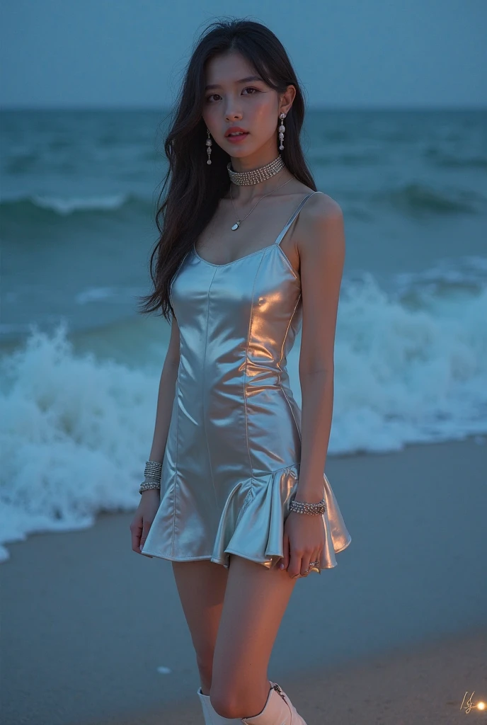 Masterpiece, 4K, bokeh, Photorealistic, high school girl sitting on the beach, (Japanese idle:1.6), Lightbrown long hair, Light brown eyes, Plump breast, Looking at the viewer, Blushed face, Close up, (Silver metallic dress), (Gemstones decoration:1.2, Colorful Gemstones:1.2), (Dress embellished, Sequins), sunset seashore, Beautiful sky and clouds,