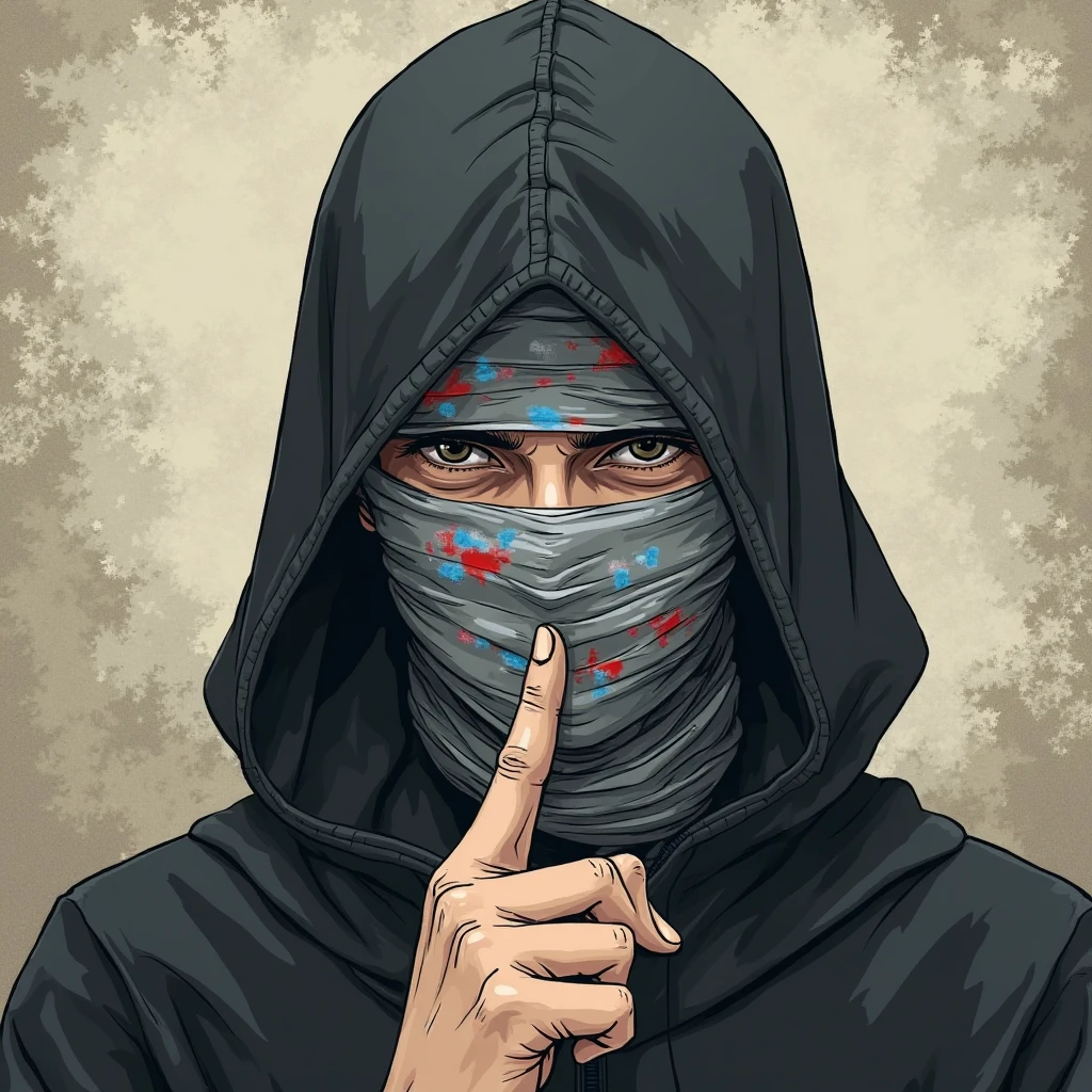 pintura do coringa nos olhos de um homem, Black hood and black mask covering mouth and neck, Ask for silence with your finger, Arte Digital por Nicholas Marsicano, Reddit, Arte Digital, O Coringa (2019), # 1 pintura digital de todos os tempos, filme ainda do coringa, 4K Full HD, Relevo 3D Ultra realista, background matrix number