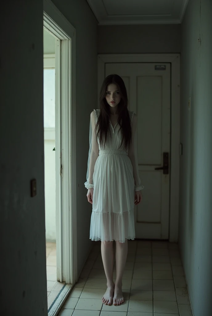 Ultra-realistic、realistic world、A female student wearing a white long skirt and stockings hanged herself 