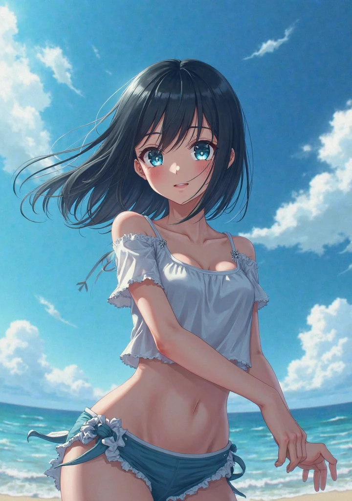 Beautiful breasts、A long white dress shirt with a thin blue bra showing through、Without skirt、Light blue underwear、barefoot、Standing posture、Cumulonimbus cloud and blue sky