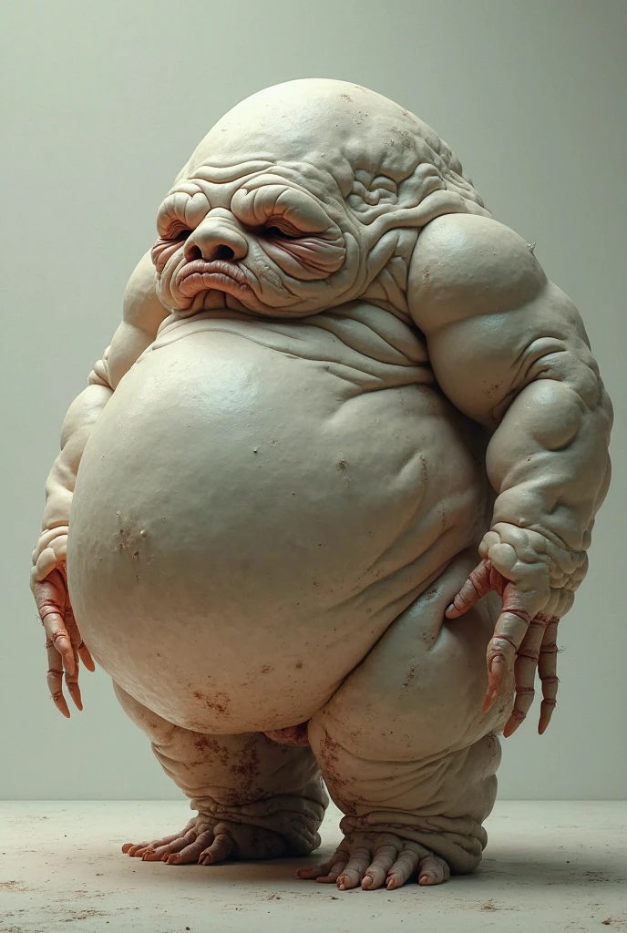 An unusually gargantuan anthropoid growing into immense body height in a small shower enclosure with small space around him, its hunched body filling the thight and small space around, its immense size allows him to push the ceiling floor, its huge and round belly is dominant, the smaller furry snuggles into the huge and round belly of the large anthropoid, the small furry giving a belly rubs to the bigger one