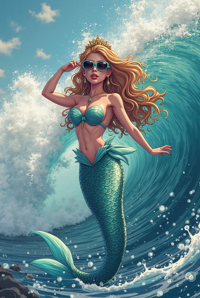 (Richard Deacon style) Mermaid coming out of the water, big hair behind her, covering her breasts with her hands, a big wave in the background, masterpieces, top quality, best quality, realistic fantasy, extremely detailed and beautiful, beautiful and aesthetic 8k resolution, Brazilian face