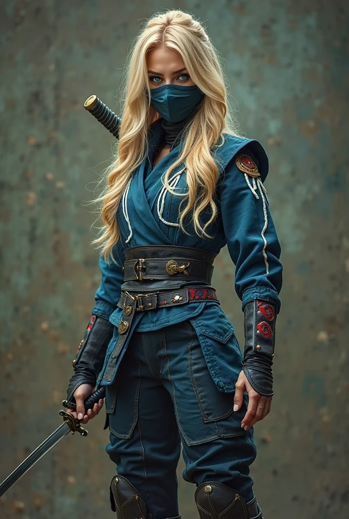 Full body display. Imagem foto real. Blonde woman emerald green eyes, ninja costume with mask. Corpo com curvas. Blue clothing with white with gold stitching, black boots with crimson, pants in a war scenario ,  with sword in her hand . Pose de luta 