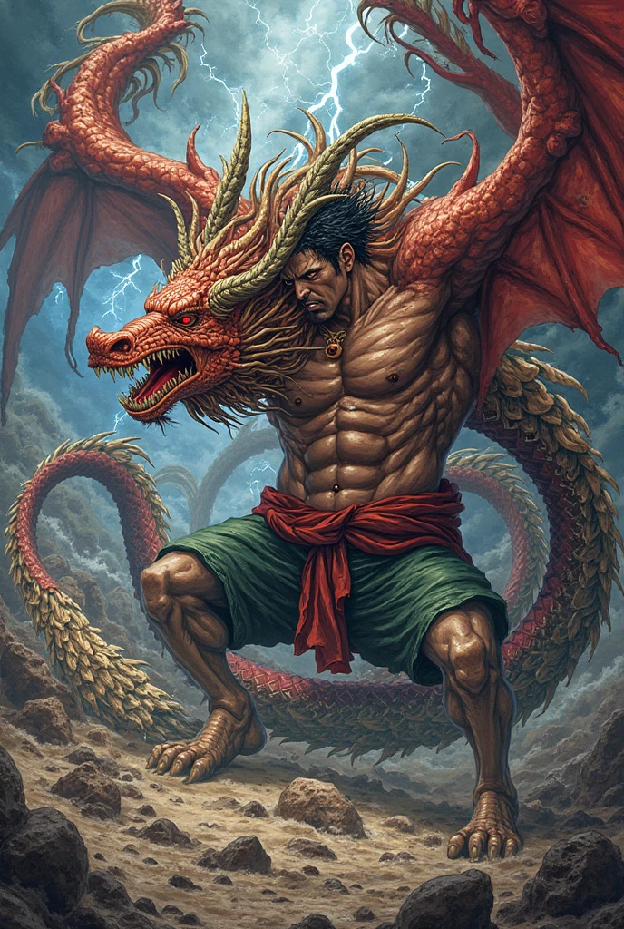 8K, Best Quality, Masterpiece, Ultra High Resolution, (Ultra Detailed Image), (Realistic: 1.4), Original Image, (Realistic Skin Texture: 1.3), (Film Grain: 1.3) , (Selfie angle), (1 Guy), (Face looking straight ahead), (Long hair: 2.0), Black hair, (Red horns), Beautiful Eyes and Face Details, Masterpiece, Best Quality, Close Up, Toned body, Perfect muscles, Exposed pecs, 6-pack body, Natural skin, No hair, No shirt, Transparent white shorts, (Standing boy) , Yellow sky, White clouds, 1 Dragon deep in the back, Light, Sun, dragon