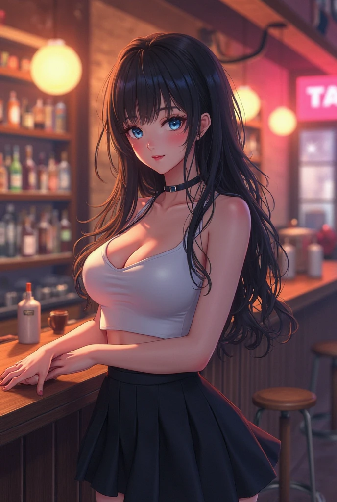 nsfw:1.3, highest quality, 4K, one beautiful woman, beautiful big breasted woman, black haired woman, long hair woman、ponytail woman, ((Woman in dark blue tank top:1.3)), woman wearing white shorts、big smile, ((black knee socks))、stylish bar、Stylish wines are lined up on the liquor shelf
