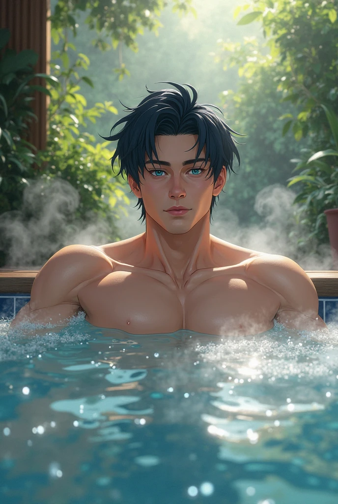 Cool Men Black Hair、Brown eyes）A man&#39;s back（Muscular）Wash with a sponge、Bath scene、Yaoi、Gay、Landscape、Embarrassed expression、Close up of upper body、naked