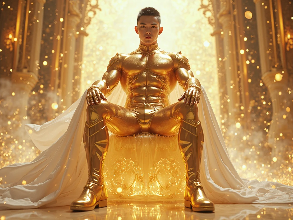 (8K, RAW photos, Highest quality) masterpiece, 1 male, 18 years old, bee man, black hair, good body, black and yellow mottled skin. Body covered in honey. has bee antennae on head ((real) , has bee wings. ,Asian muscular man,, outlines his big, muscular breasts, sexy six pack. Naked ((genitals covered with yellow shawl)), pose sitting in honeycomb. full body view .