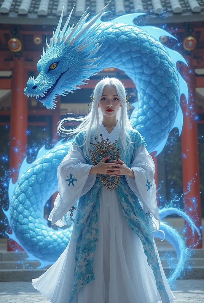 A beautiful girl with long white hair wearing a blue kimono, standing in front of a simple blue sky background, a large blue dragon towering behind her, the girl's bare shoulders and long sleeves visible, wearing flip flops, with a serene expression looking directly at the viewer, highly detailed, 8k, photorealistic, fantasy, dramatic lighting, vibrant colors