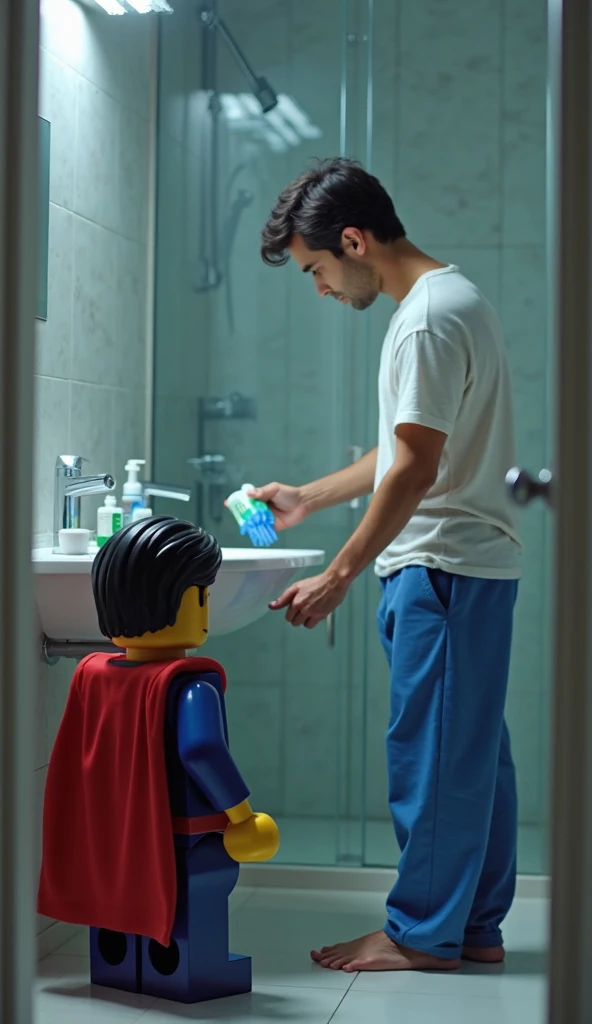 superman cleaning the bathroom, chubby black guy at the door