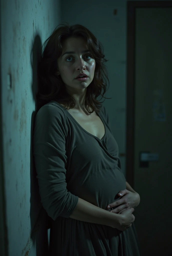 ultra-detailed; proportionally centered; centered full body portrait; beautiful and extremely pregnant 30-year-old pregnant Scandinavian slave with an enormously big, round and projecting pregnant belly, wearing extremely ragged grey clothes and dog collar on her neck; Scandinavian featured; anatomically perfect beautiful face; anatomically perfect eyes; anatomically perfect hand; anatomically perfect five finger; anatomically perfect limb; anatomically proportional beautiful face; anatomically proportional beautiful eyes; anatomically proportional beautiful nose; anatomically proportional beautiful mouth; anatomically symmetrical face; anatomically symmetrical body; anatomically symmetrical hand; anatomically accurate model; gender accurate model; hyper-realistic model; Prison accurate background; single main object; single focus; sharp focus; Sony A7R-V image grade; photo studio grade image; octane render;