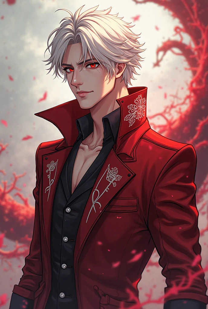 absurdres, highres, ultra detailed, HDR, master piece, best quality, Gojou Satoru, white hair, expressive blue eyes, white eyelashes, Jujutsu Kaisen, solo, sexy man, handsome, horny, lewd, demon, horns, black leather clothes, red cape, accessories, showing the chest, red sky, red moon, red trees, red spider lilies, fantasy, dark magic