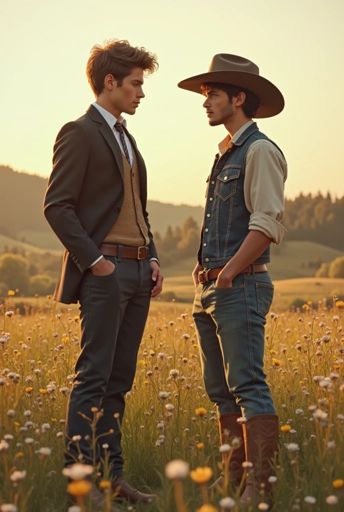 A young handsome cute shirtless guy getting off a bike with a cowboy friend on a farm