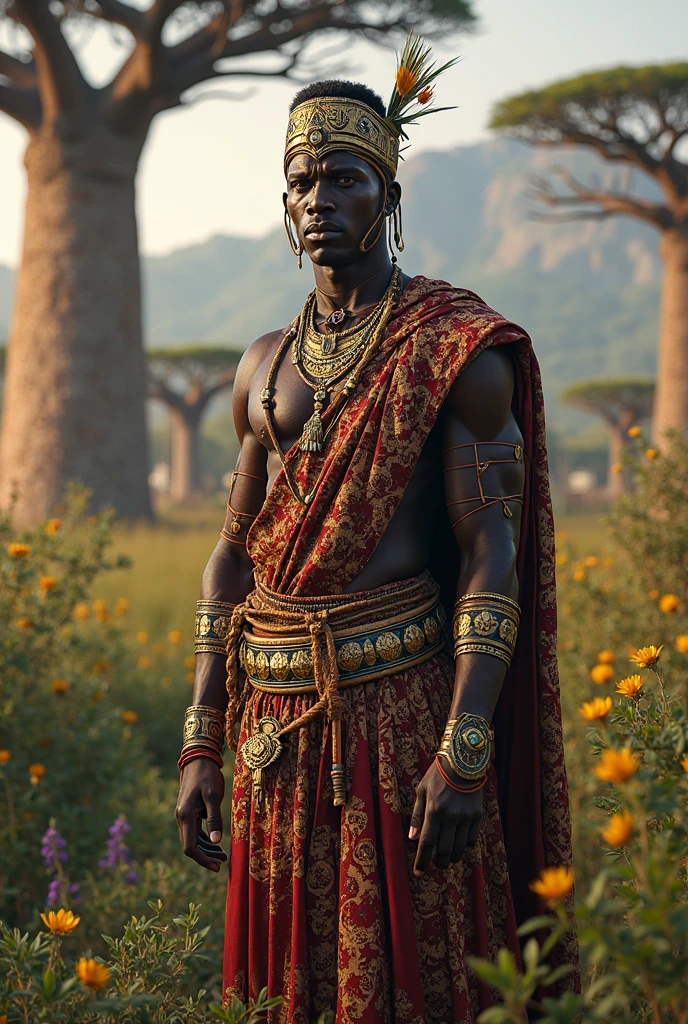 Raw photo, portrait of dark skinned beautiful African warrior man, perfect face features, perfect eyes, hopeful, wearing intricate African amor, sun light, volumetric lighting, sun rays, detailed shadows, nature, outdoor, hasselblad X2D 100C, hasselblad XCD 80mm f/1.9 lens, depth of field, bokeh, film grain, sharp focus, photorealistic, masterpiece, intricate details, high contrast, 8k, UHD, HDR, high-res, absurdres, award winning photography, modelshoote, fashion photography, best composition, rules of third, upper body shot,