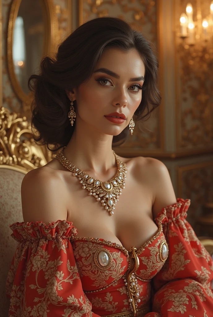 score_9, score8_up, stunning beautiful girl, 25 yo, detailed skin, short hair, delicate facial features, detailed glossy eyes and pupils, detailed shinning natural hairs, detailed sharp nose, detailed white glistening teeth, perfect symmetrical face, detailed natural perfect breasts, graceful pose, soft lighting, artistic painting, vibrant colors, ethereal atmosphere, mesmerizing gaze, flawless complexion, enchanting beauty, surreal background, solo, looking at viewer, bangs, beautiful red and white designer modern fashionable designer dress, earrings and necklace, cute smile, upper body, indoors, frills, night time, perfect lighting, luxurious living room, sofa, lots of colourful flowers,looking at the viewer, lips,