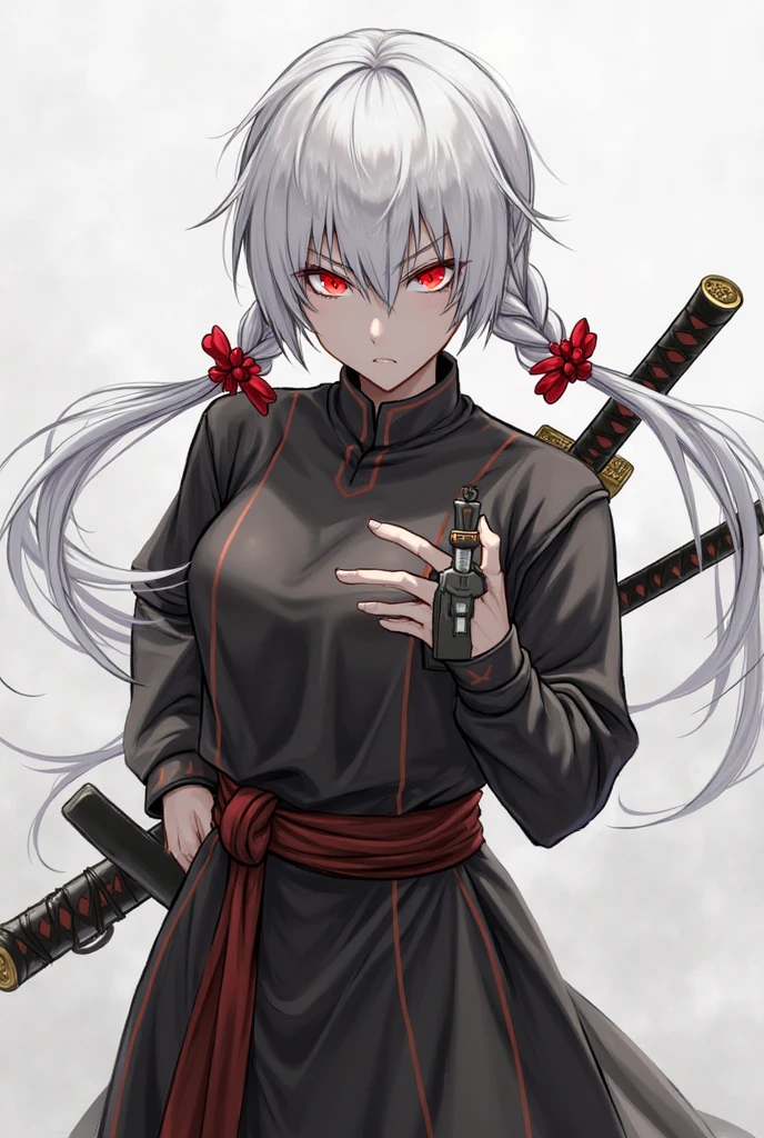 high quality, Wolf Ears,Black Hakama,Gray Hair,Long Hair, Seductive red eyes,Red background,martial arts,fist,Battle of the fist,karate,Fist cut,Ready your fist,Fightingpose,Angry face,hit,Small breasts,Nipples,naked,Torn clothes,ArmorBreak,A man is rubbing his chest from behind,Being raped