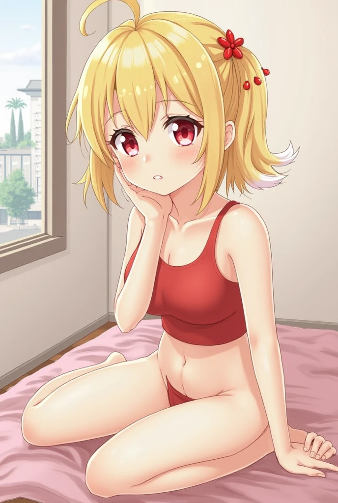 1girl, blonde hair, braided hair, no shoes, thighsocks, navel, midriff, sexy, armpit, red eyes