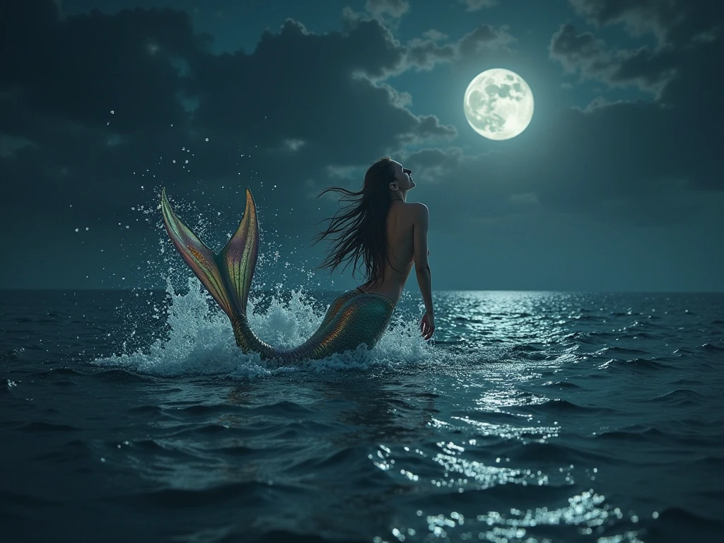 1Naked woman ,hairy vagina walking on top of the sea touching the moon,tan skin wearing red socks,taking full moon light bath! Black pubic hair, golden smilling fishes jumping out of the water.