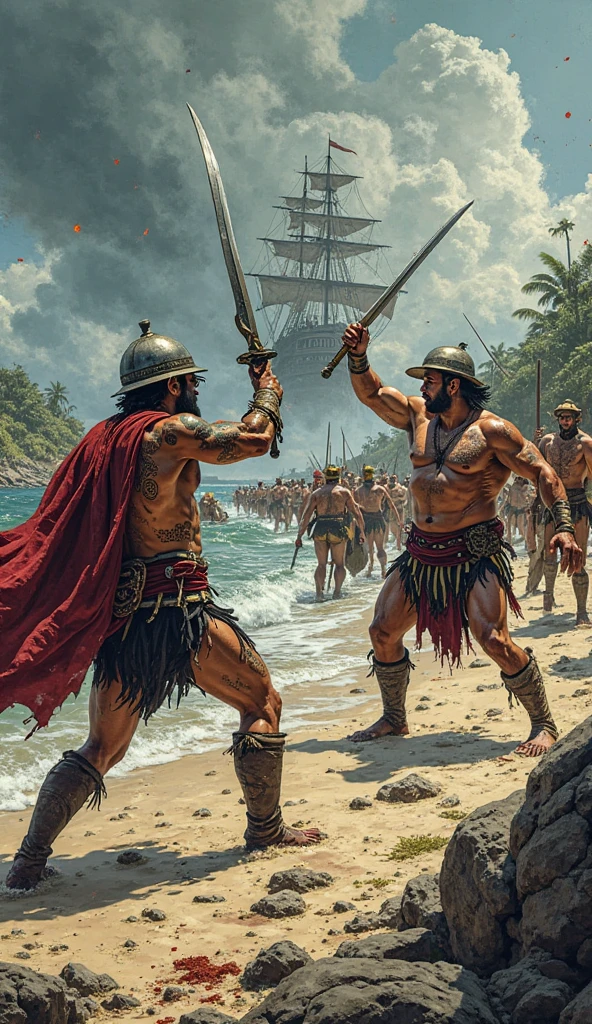 Christopher Columbus fighting with an Indian