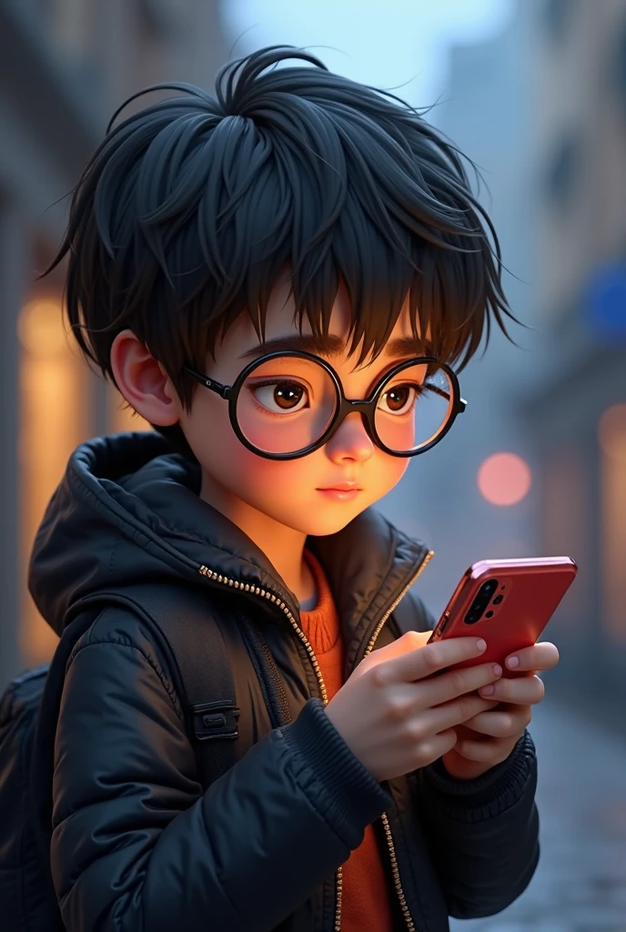 A boy wearing glasses taking mirror selfie, realistic , anime