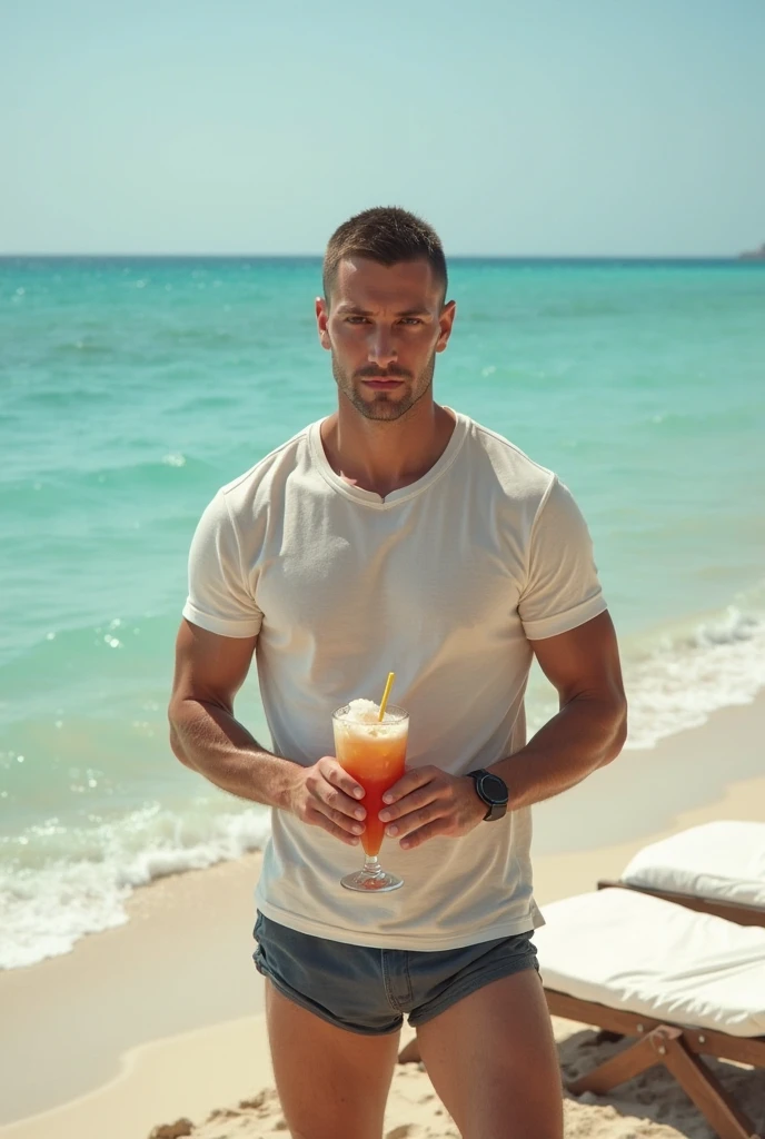 young man, (19 years old), (((Mitchell Slaggert))), ((muscular body)), (male model), (huge chest), big breasts, huge nipples, ((in tiny thongs)), chiseled face, big jawline, in sunglasses, holding a drink, beautiful, ((blond)), ((buzzed crewcut)), ((with shaved sides and back)), ((on a beautiful tropical beach)), attractive, pretty, masterpiece, 8k, with many details, professional, trending, masterful, realistic, hyperrealistic, sharp beams of light from the sun beyond