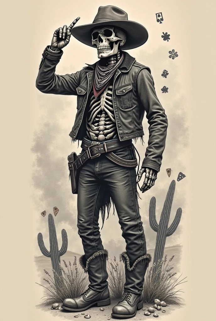 Desenho de uma caveira cowboy caminhando, arte no estilo todd macfarlane, paisagem, sketch artstyle, escala de cinza, monocromatic, 4k.