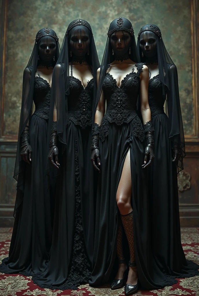 Female cultist in mirror masquerade mask, black robe, stiletto in hand and pierces the other hand, The demon in the mirror devours the cultist's body through a mask, An obsidian mirror appears behind, and the mirror demon strikes him from the inside..., High realism, high detail. The devil has pale and slippery skin, long limbs with claws, large mouth with many sharp teeth and a long tongue, hanging from the mouth;. The body is thin, Ribs are visible, Hundreds of little black eyes. It has a height of 2 meters,Estilo Black Souls, sharp lines, sketch, shading.